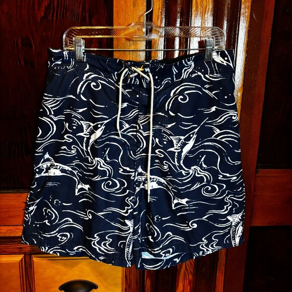 Men's Nautica Swim Trunks in Navy Blue & White Marlin Print Lined Size Large - Picture 1 of 8